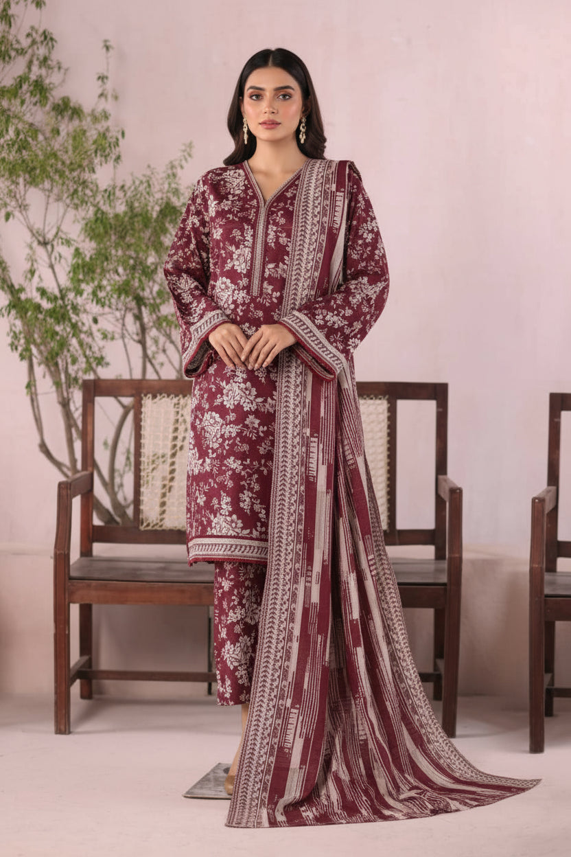 Woman model wearing a maroon and white floral dress with a matching dupatta on a light background.