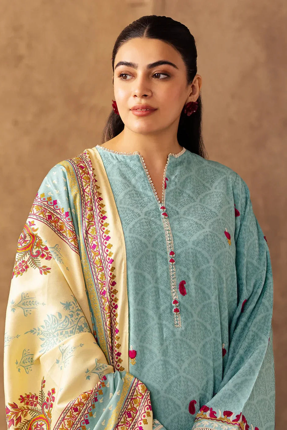 Woman wearing a traditional outfit with a colorful border against a brown background