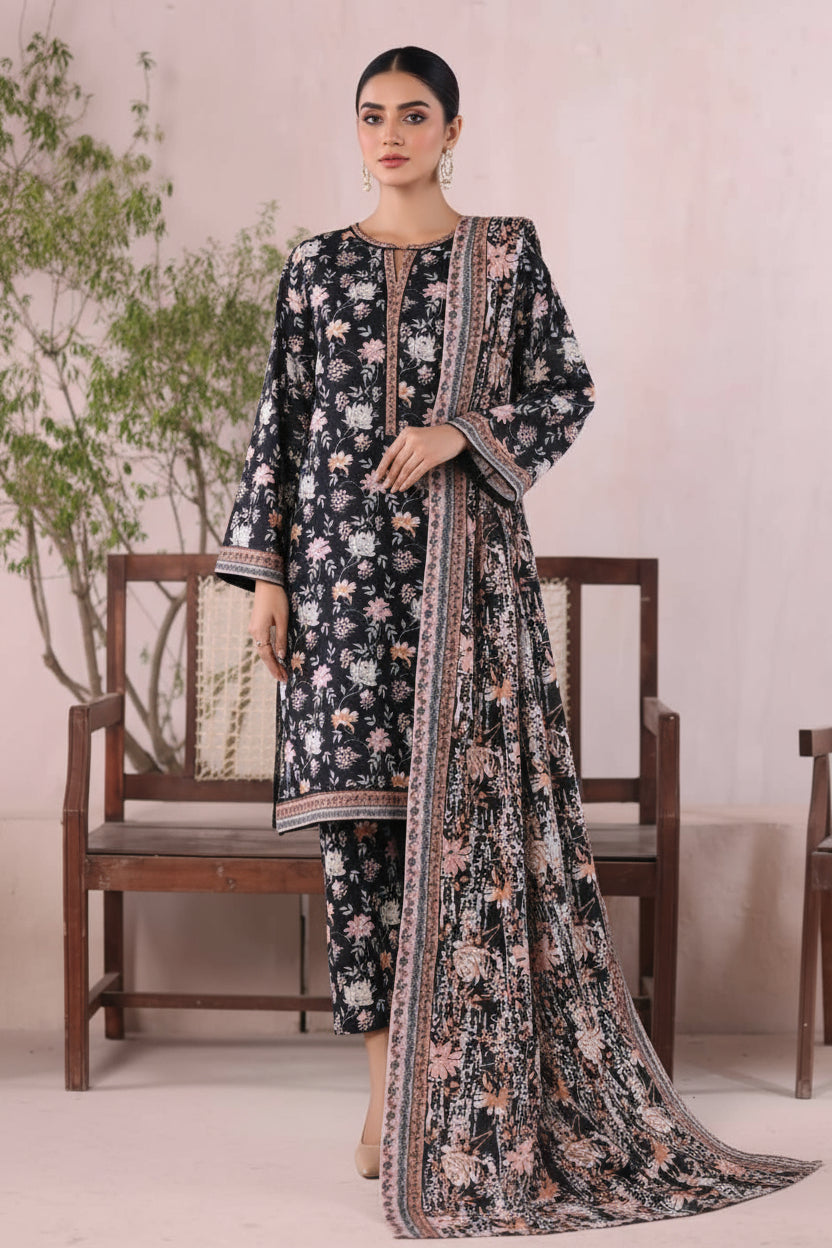 Bin Saeed Black Pink Floral Khaddar