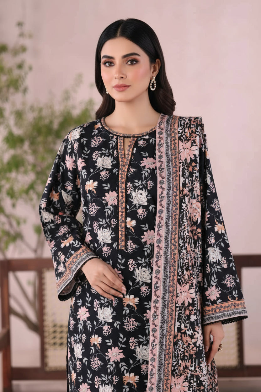 Bin Saeed Black Pink Floral Khaddar