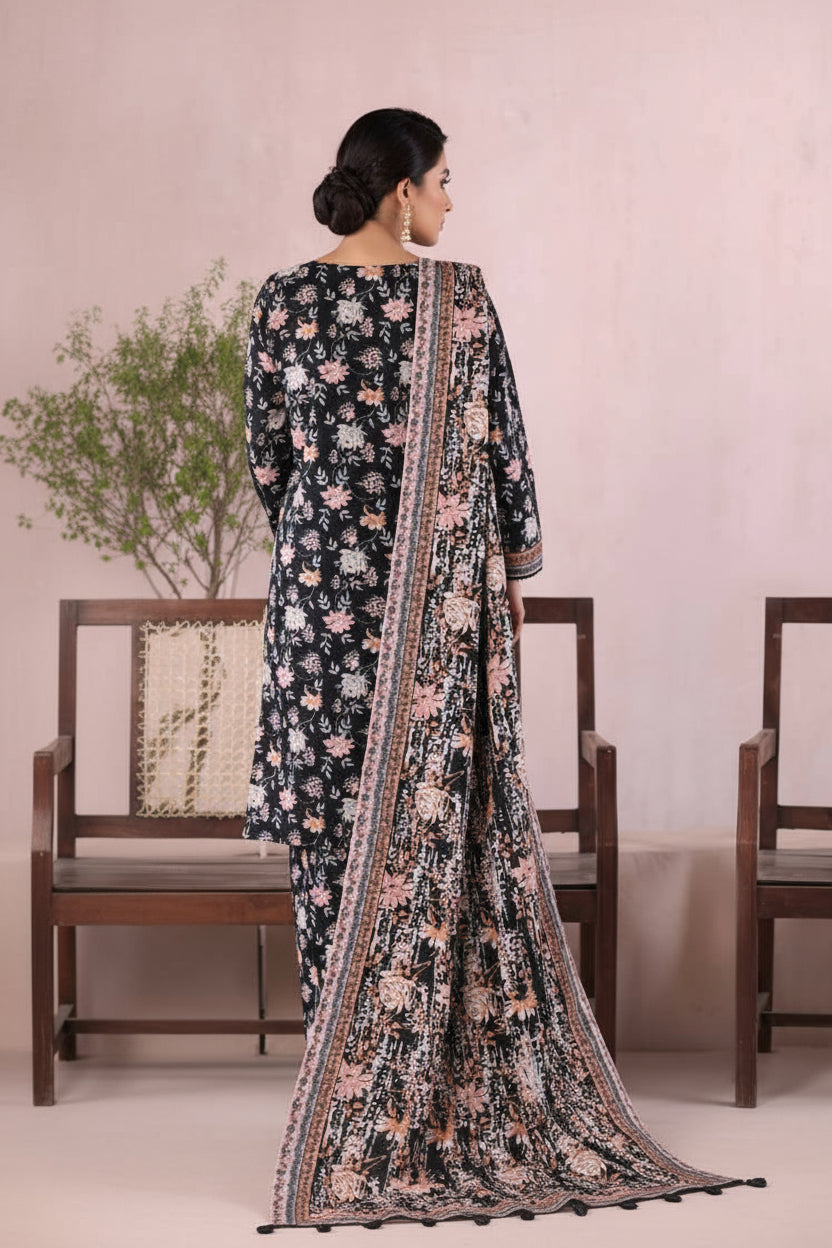 Bin Saeed Black Pink Floral Khaddar