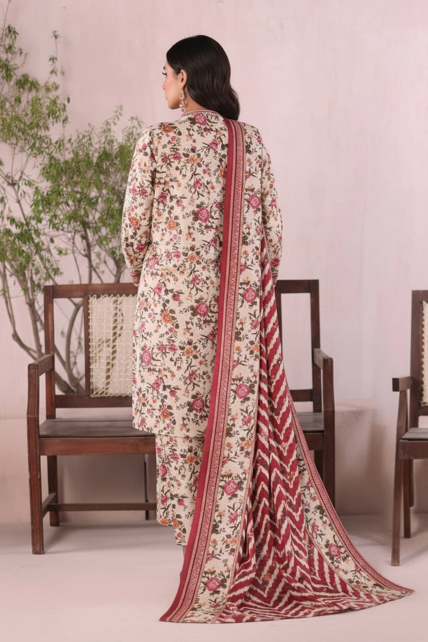 Floral dress with a red and white patterned scarf on a mannequin against a neutral background.