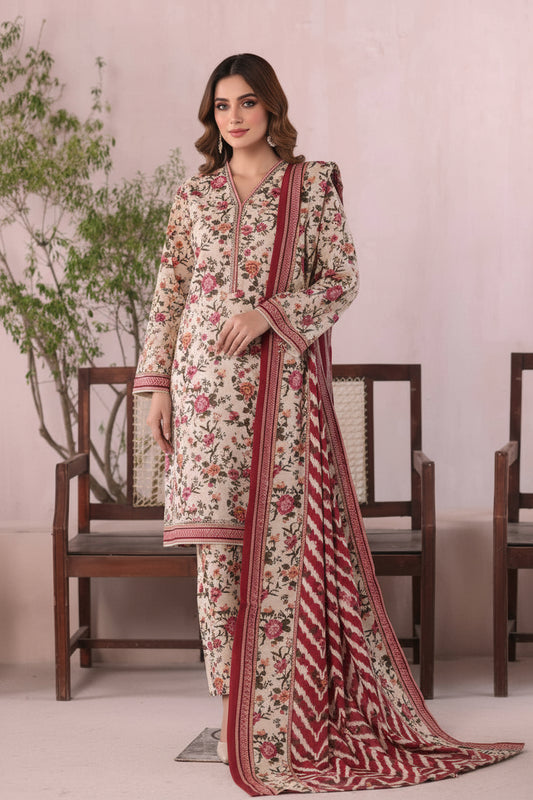 Floral dress with a matching dupatta on a mannequin against a neutral background