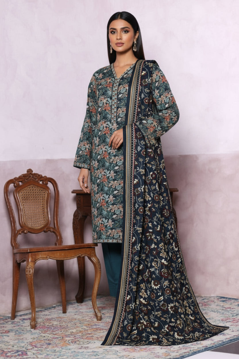 Floral patterned outfit on a woman model with a pink wall and wooden chair in the background