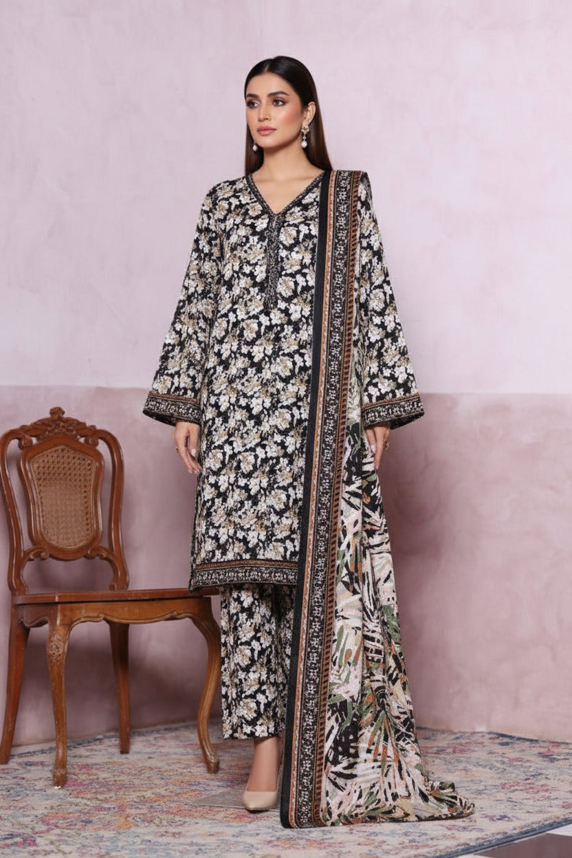 Bin Saeed Black White Floral Khaddar