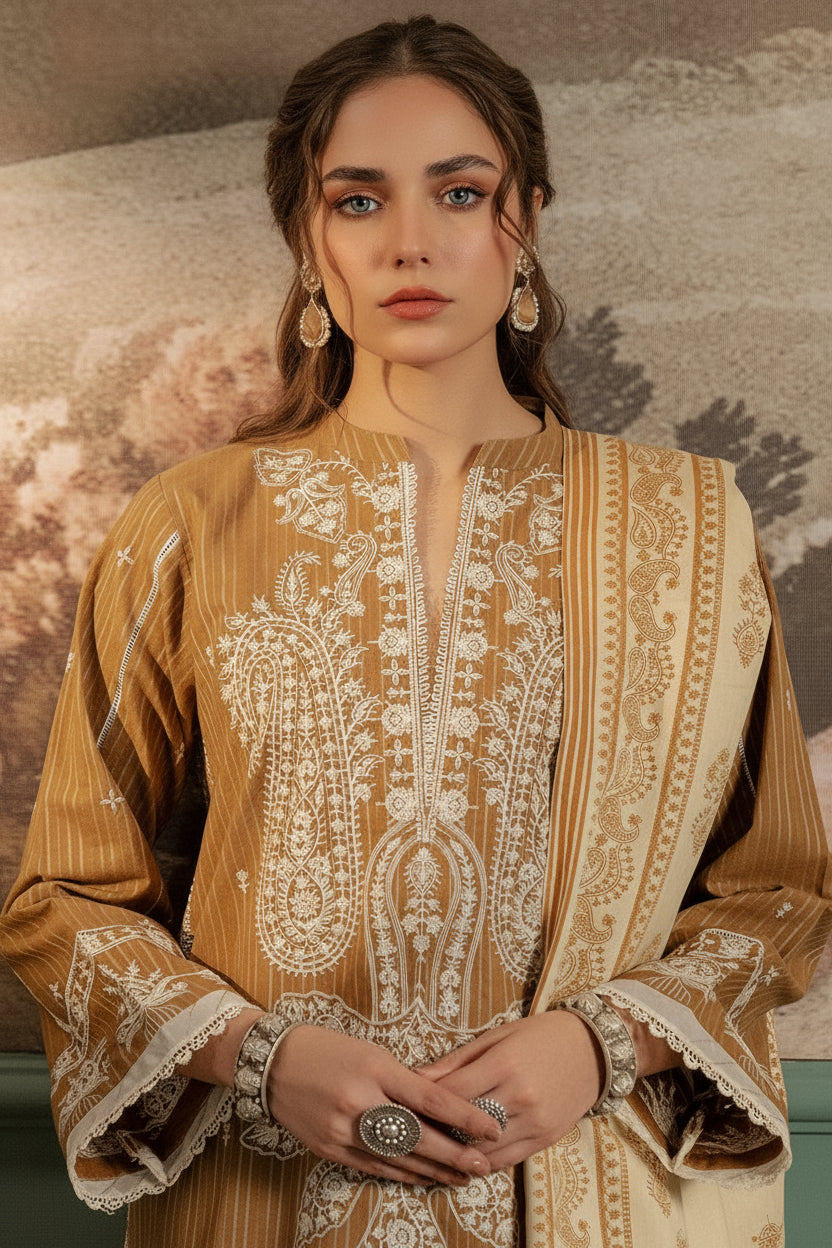 Woman wearing a traditional embroidered outfit with a neutral background