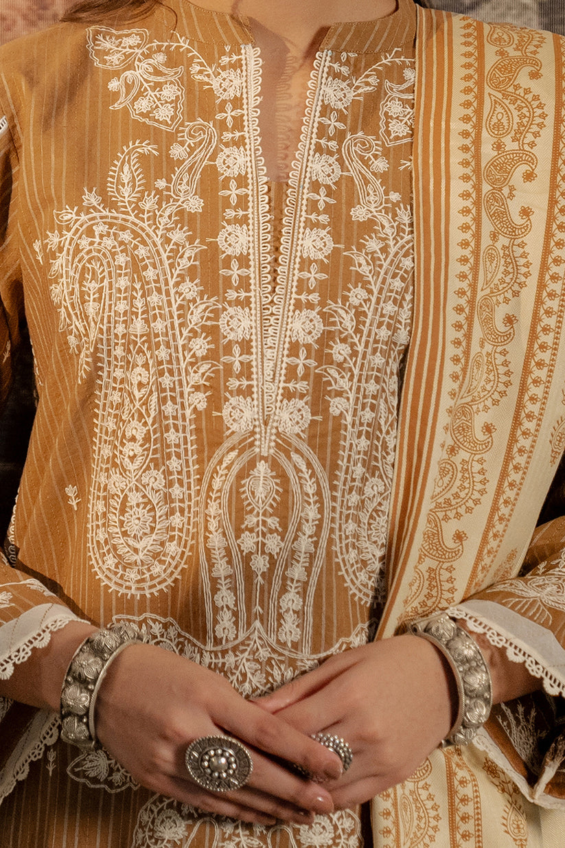 Close-up of a person wearing a traditional embroidered outfit with intricate patterns.