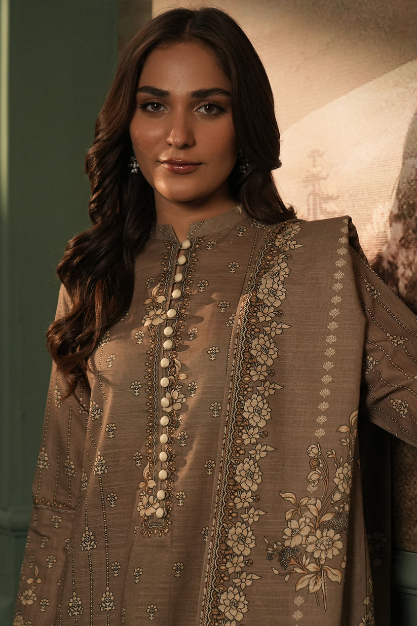 Woman wearing a brown embroidered traditional outfit with a blurred background