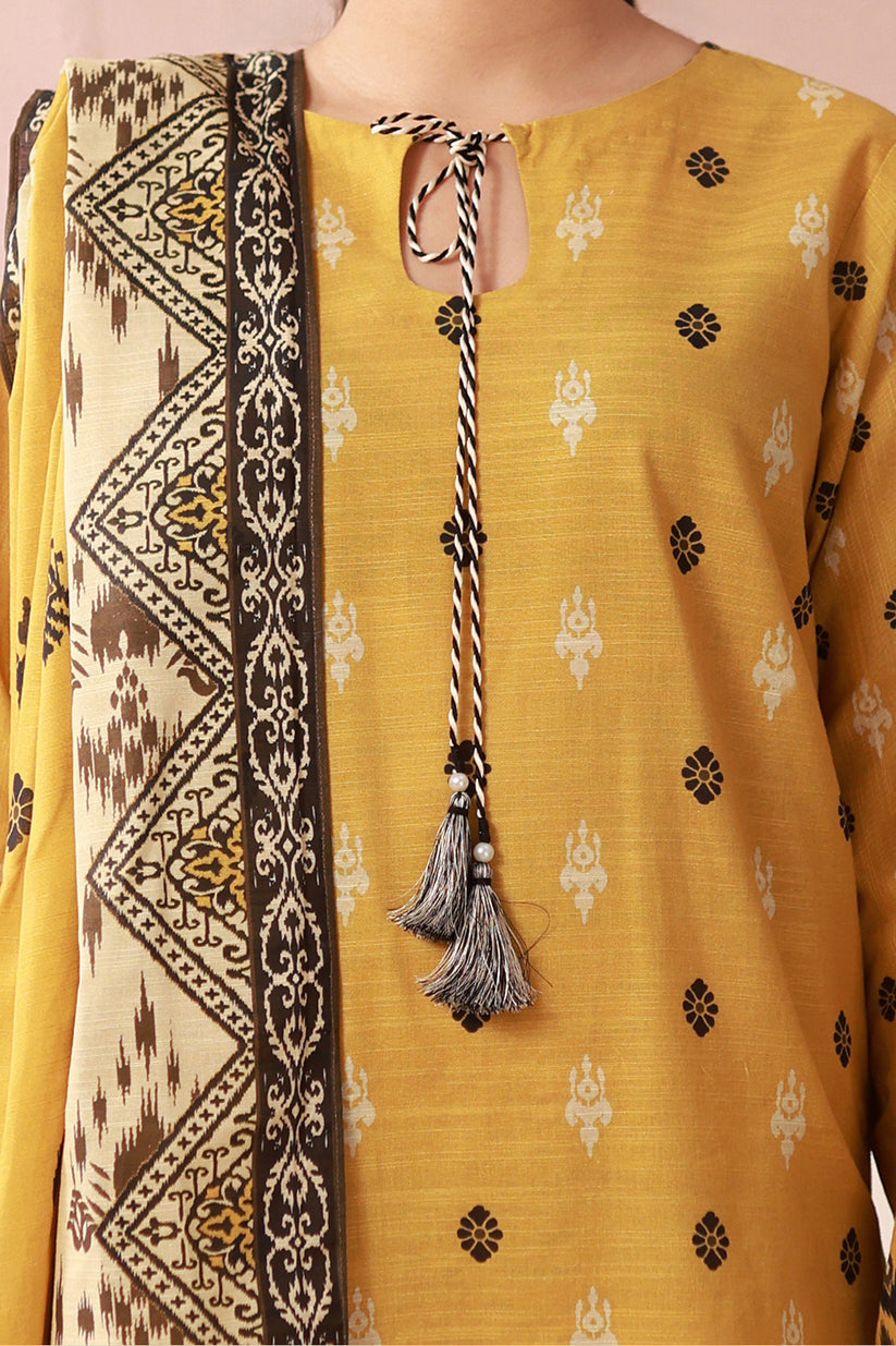 Yellow traditional outfit with intricate patterns and a decorative tie on a plain background