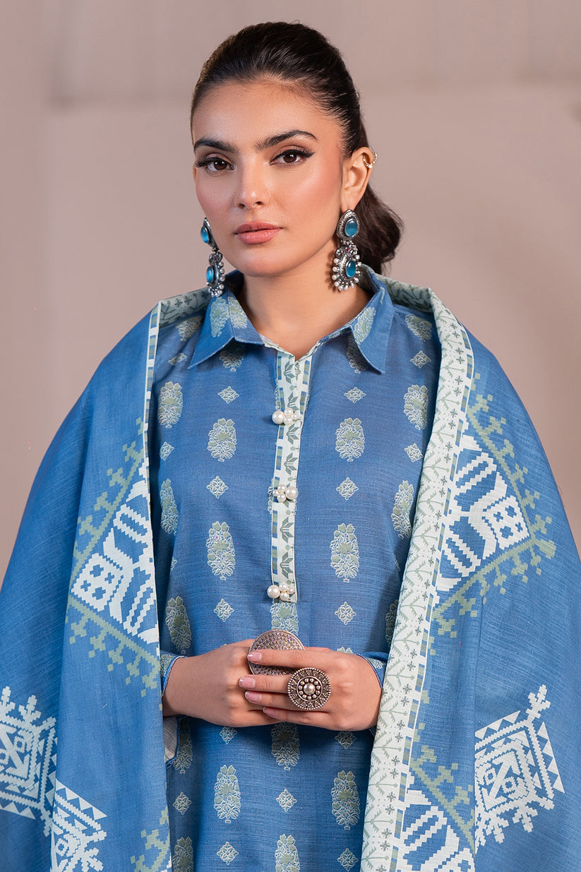 Woman wearing a blue traditional outfit with intricate patterns
