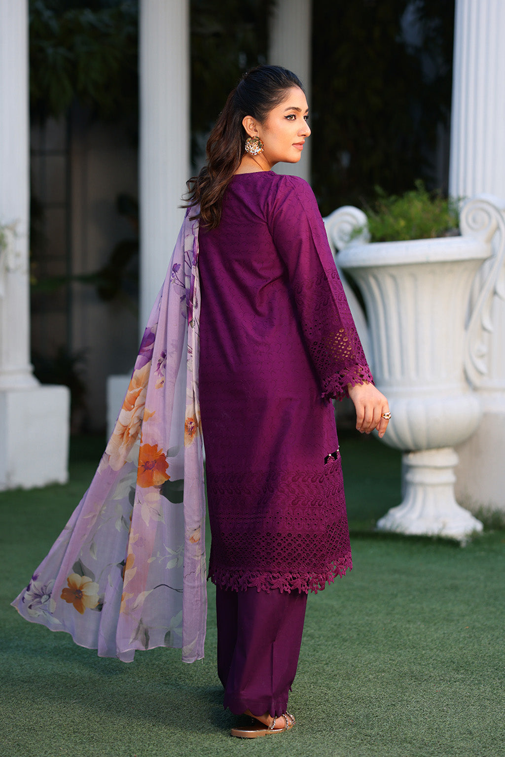 lawn suit featuring intricate embroidery, a flowy bamber chiffon dupatta, and comfortable straight-cut pants