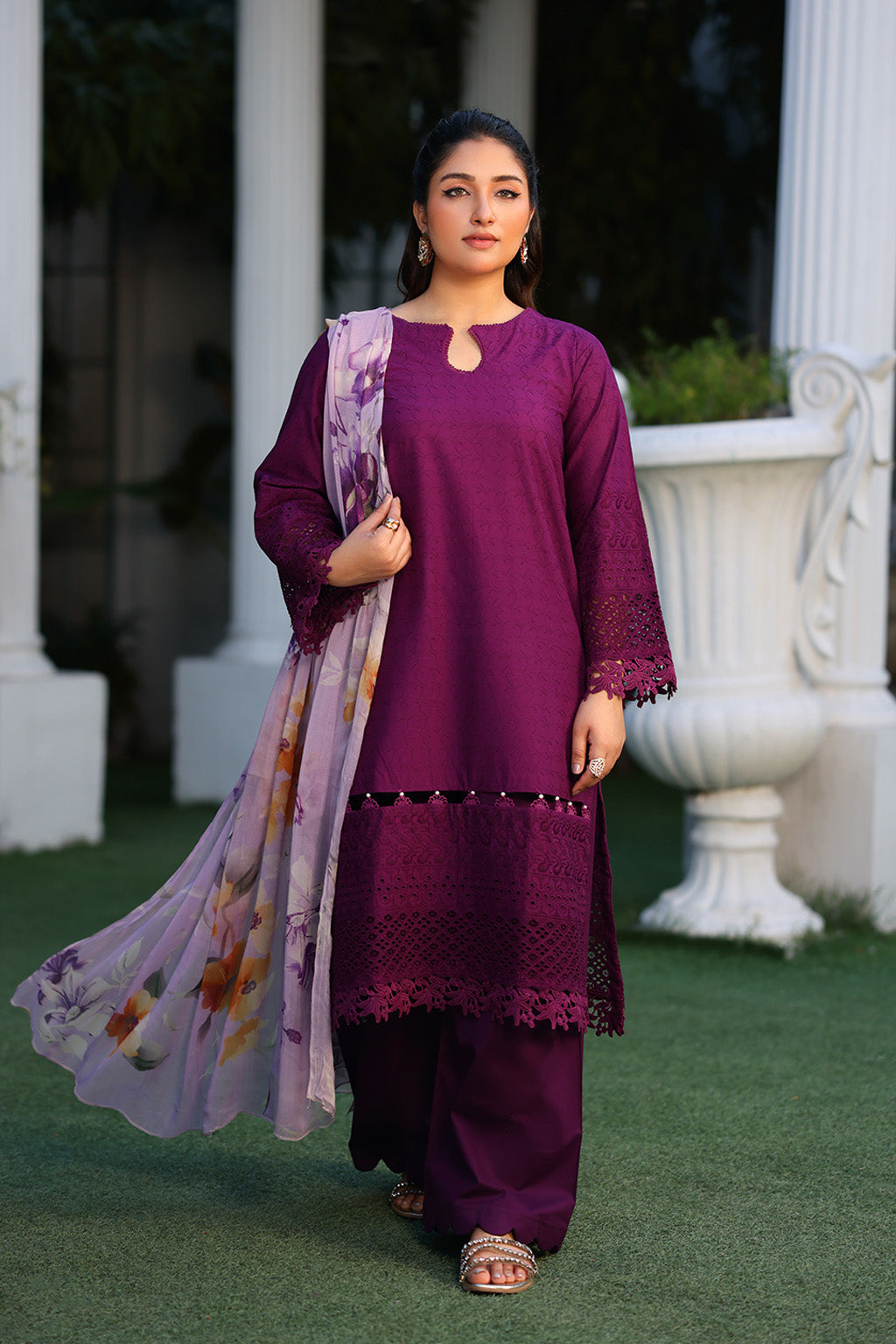 chikankari embroidered lawn suit set with a vibrant printed bamber chiffon dupatta and tailored trousers – ideal for festive celebrations