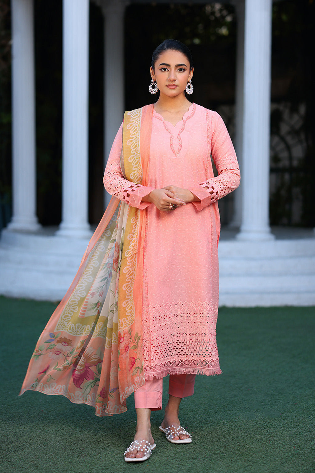 Johra JH-598 SHZ peach lawn suit with floral chiffon dupatta – unstitched 3pc”

